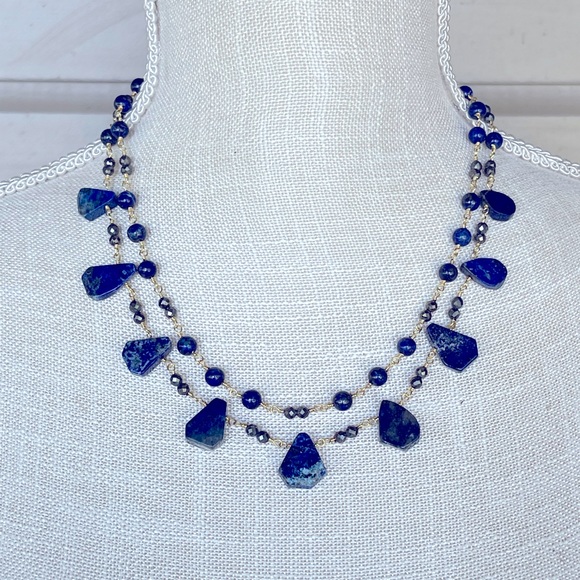 Pretty Goldtone Two-Strand Beaded Necklace with Blue Stones and Beads - Picture 2 of 10